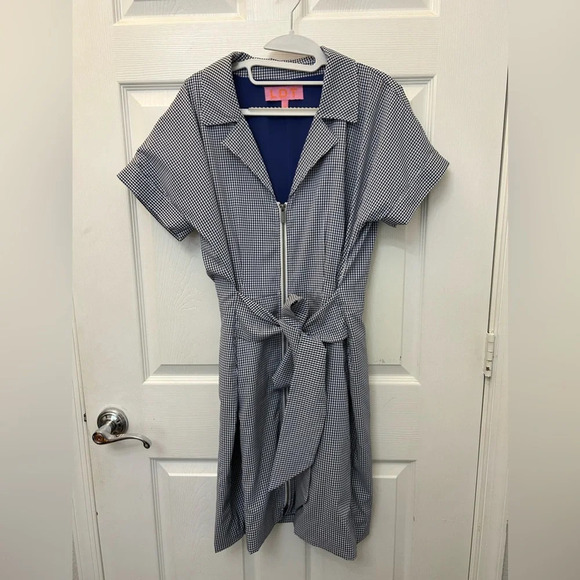 LDT White and Blue Checkered Gingham Print Zip Up Shirt Dress - Picture 2 of 6